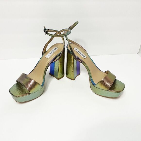 Steve Madden Lessa Ankle Strap Open Toe Heel Sandals Iridescent Rainbow 8M - Picture 6 of 9